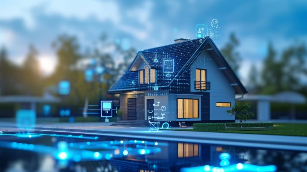 Illustration of a smart home with digital interface and solar panels at dusk