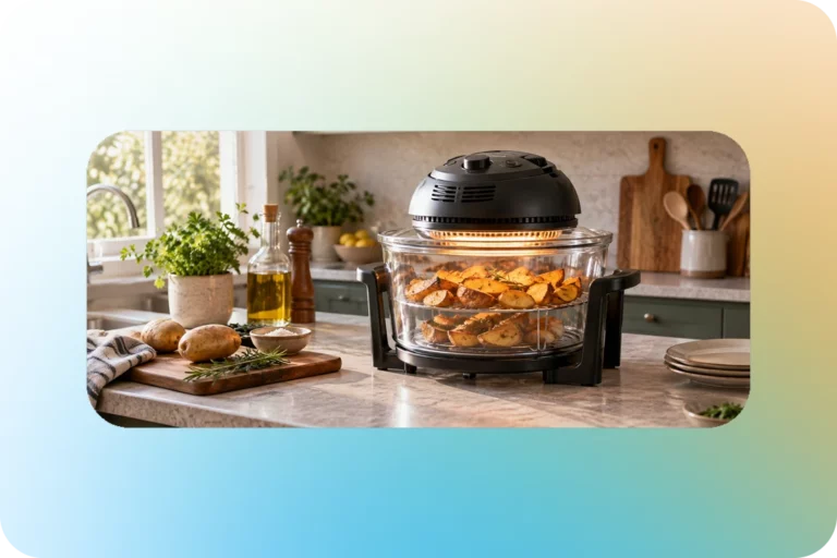 Классический аэрогриль со стеклянной чашей и картофелем на кухне