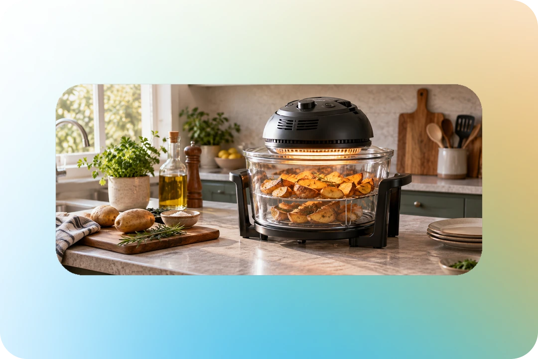 Классический аэрогриль со стеклянной чашей и картофелем на кухне
