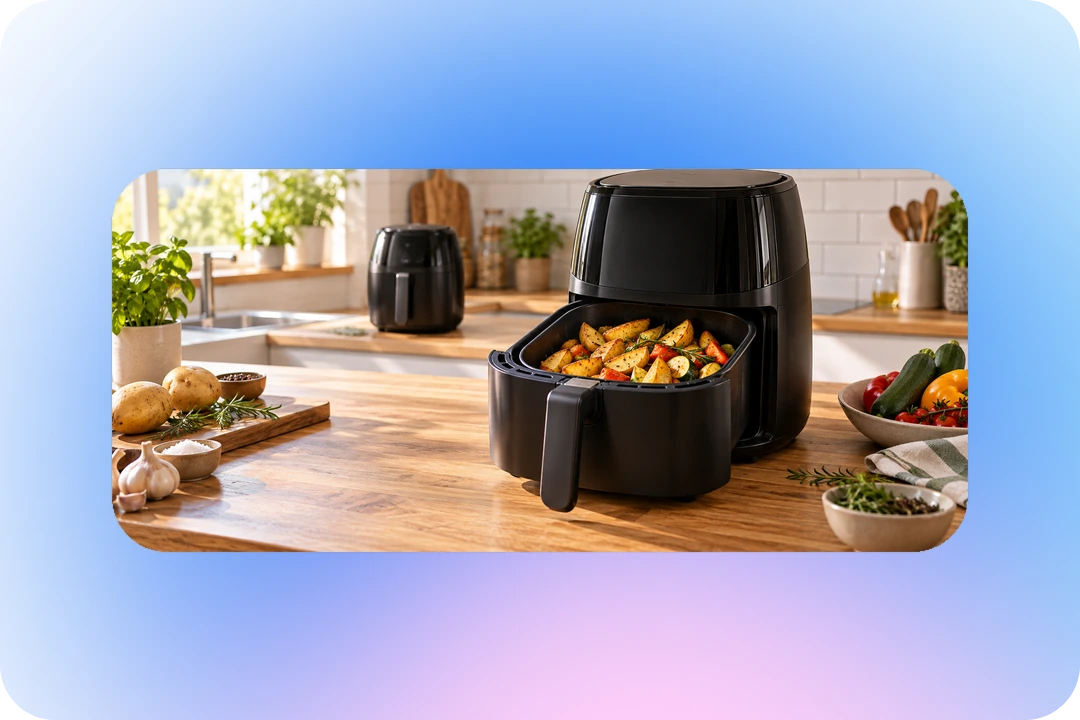 Чёрный аэрогриль с открытой корзиной, картофелем и овощами на кухне