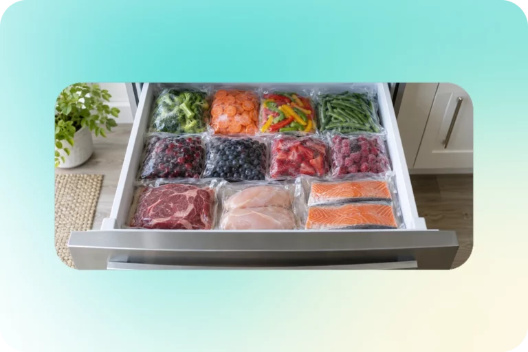 Открытый ящик морозилки с отдельными пакетами овощей, ягод, мяса и рыбы