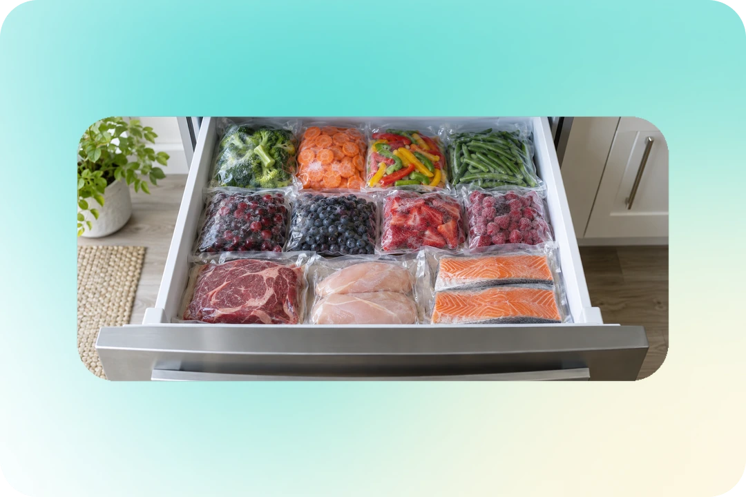 Открытый ящик морозилки с отдельными пакетами овощей, ягод, мяса и рыбы
