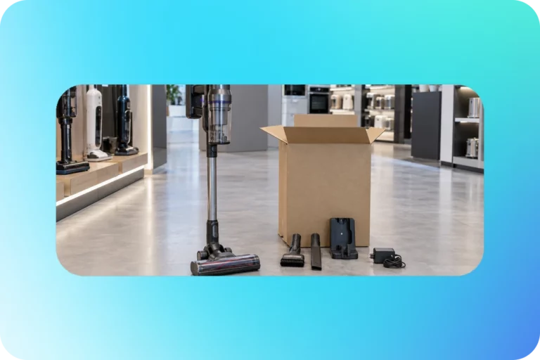 Витринный вертикальный пылесос в магазине стоит рядом с коробкой и принадлежностями