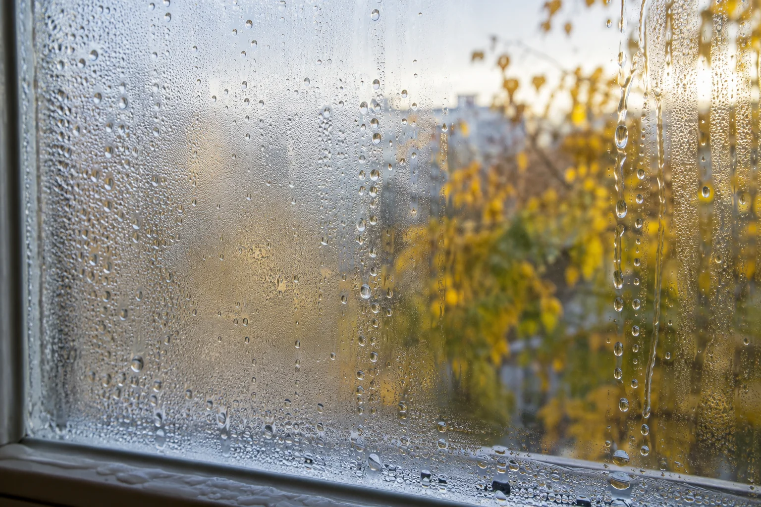 Капли воды на холодном оконном стекле осенью