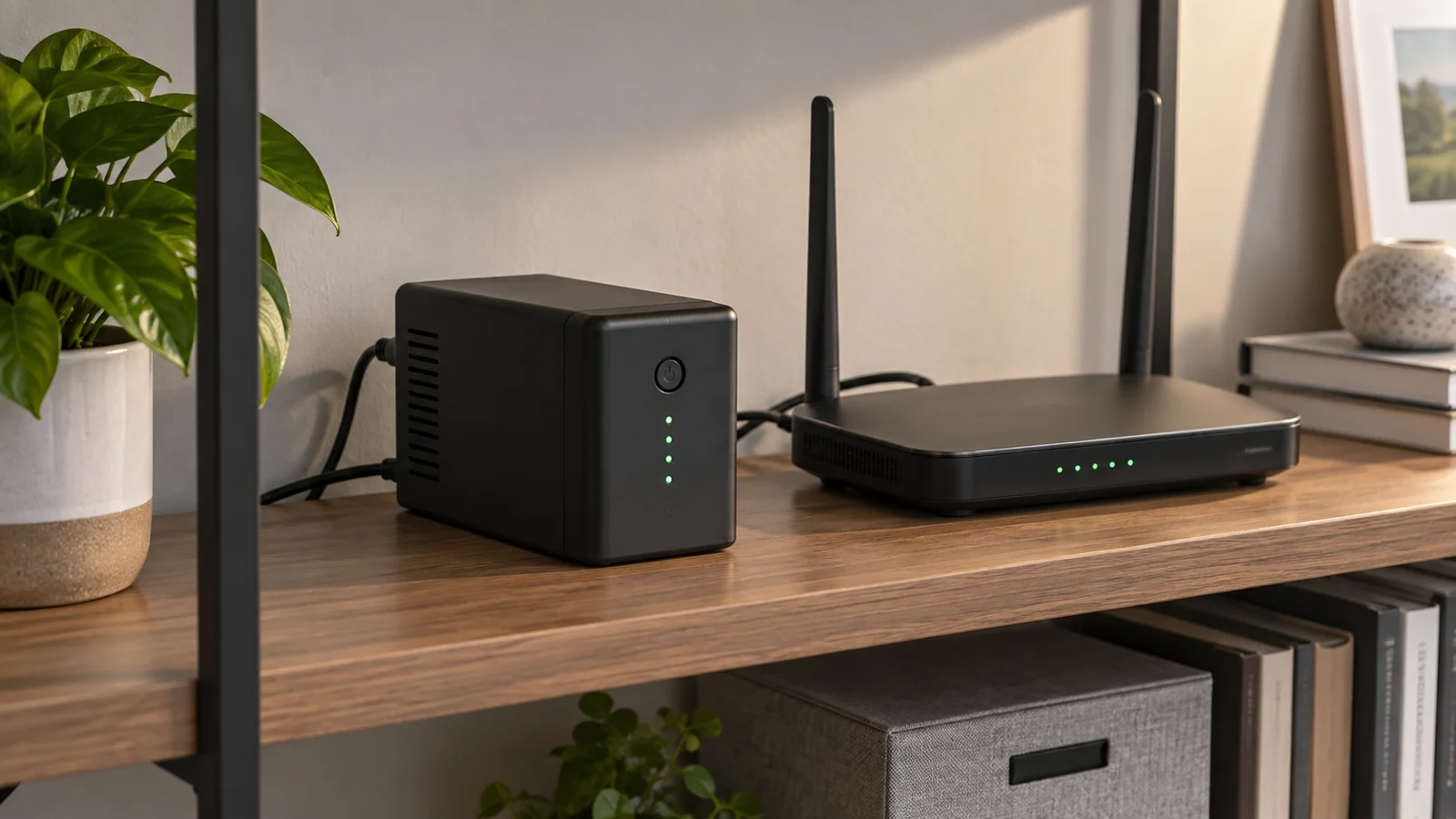 Небольшой закрытый ИБП стоит рядом с домашним Wi-Fi-роутером