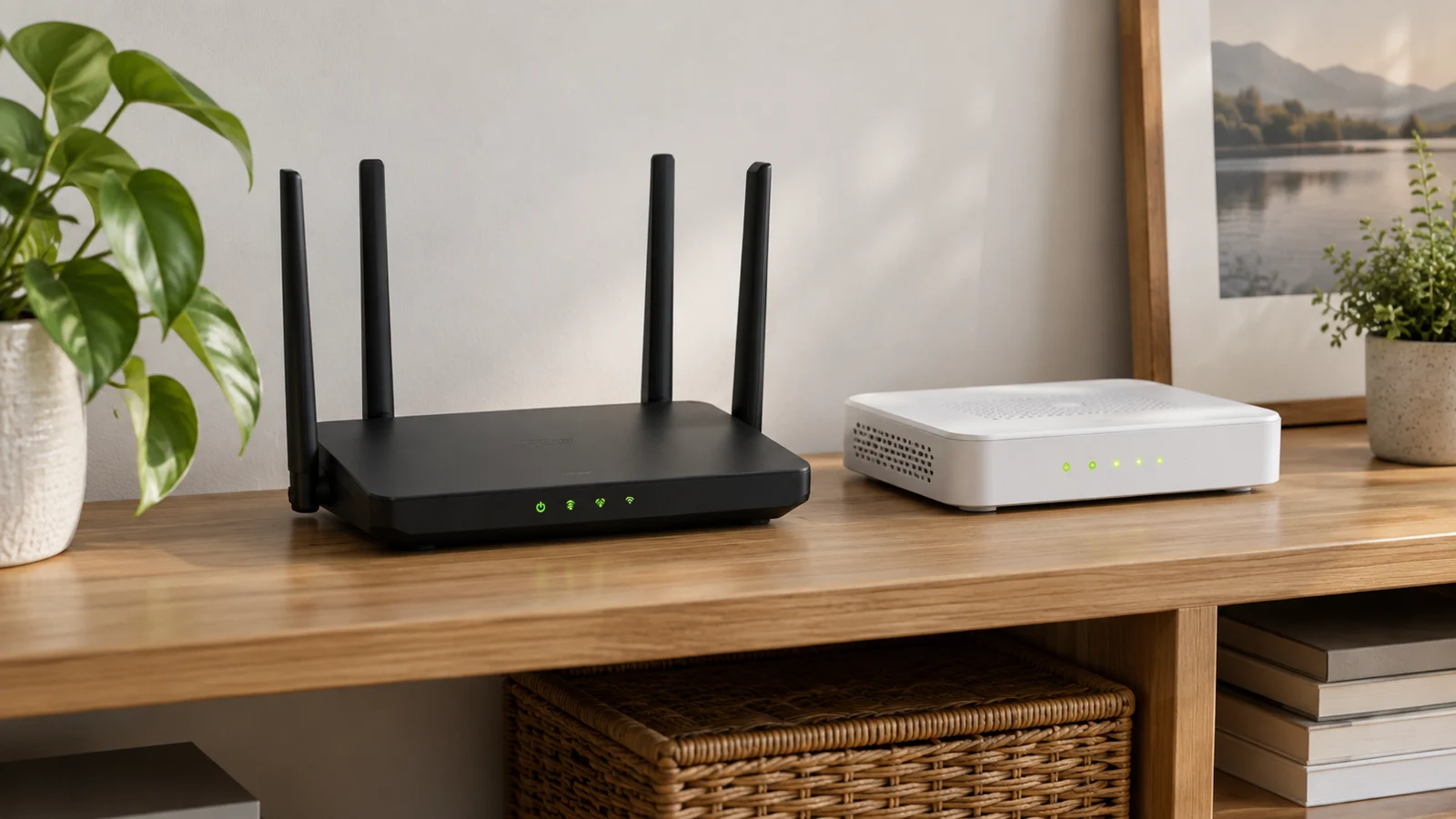 Домашний Wi-Fi-роутер и отдельный оптический терминал стоят на полке