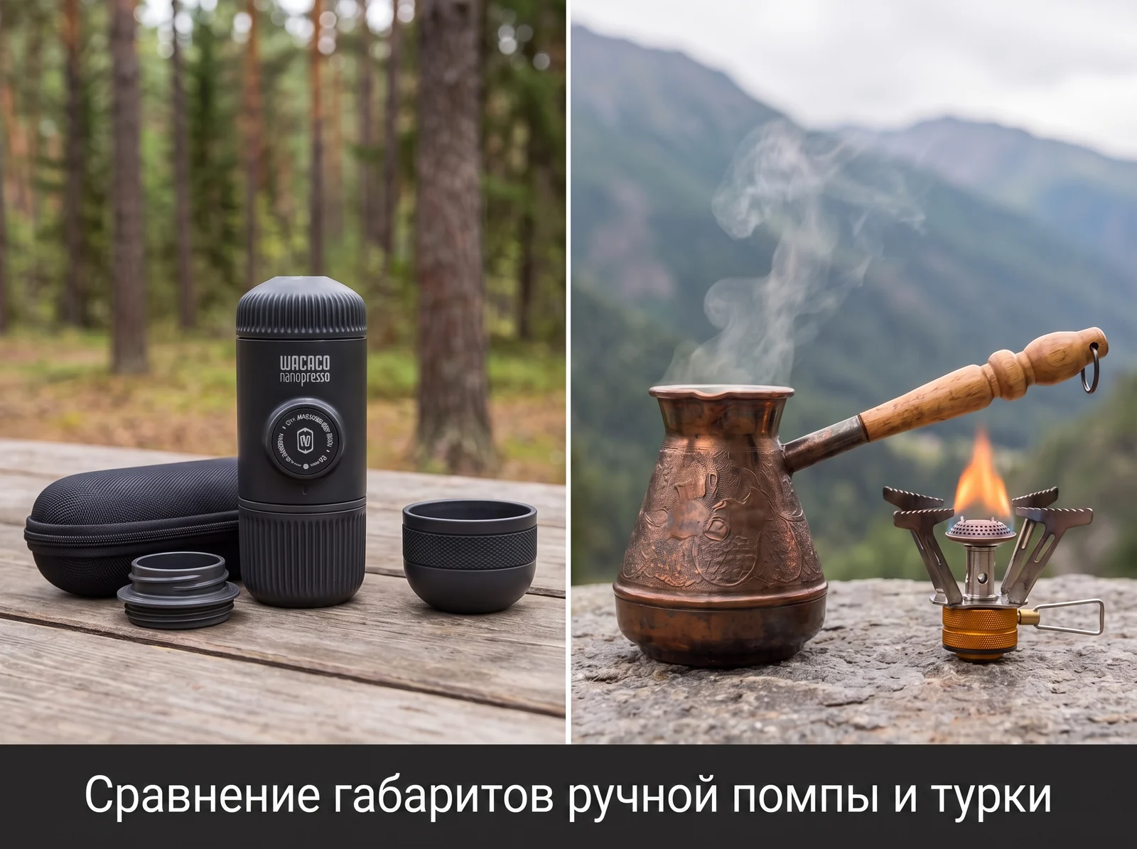 Иллюстрация сравнения портативной кофемашины с чехлом и турки на туристической горелке